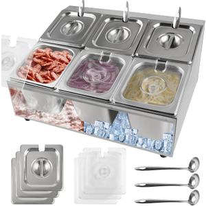 Kalolary 6 Pans Pizza Topping Storage Station, Stainless Steel Condiment Containers with Lids Spoons Ice Food Serving Display Container Salad Bar Buffet Station for Home Sauce Jam Kitchen Restaurant