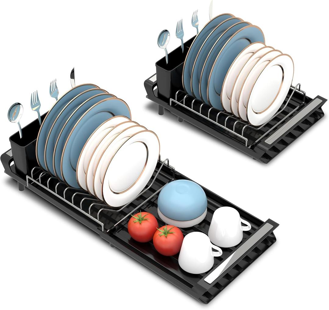 Pukomc Small Extendable Dish Drying Rack, Adjustable Dish Rack, Stainless Steel & Removable Cutlery Holder, for Compact Sink or Countertop Plate Rack, Space-Saving Collapsible Dishes Holder,Black