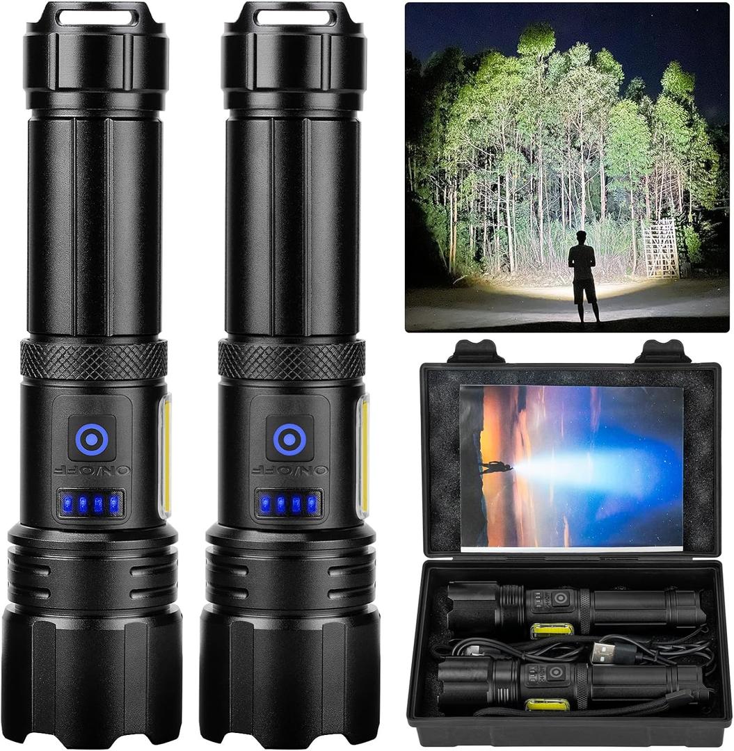Flashlight LED Rechargeable Flashlights High Lumens, 99,000 LM Super Bright Powerful Flashlight, High Powered Flash Lights Waterproof Handheld Flashlights for Home Camping Hiking(2 Pack)