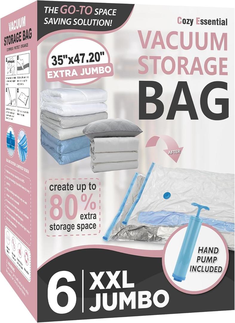 Cozy Essential Vacuum Storage Bags, 80% Compression Vacuum Seal Space Saver Plastic Packaging Bags for Clothes, Blankets, Pillow, Bedding, Comforters, Sealer Clothing Storage,6 XXL Jumbo