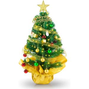 23-Inch Mini Tabletop Christmas Tree with Lights, Star Topper and Hanging Ornaments, Decorated Small Christmas Tree for Desk, Home or Office Holiday Dcor