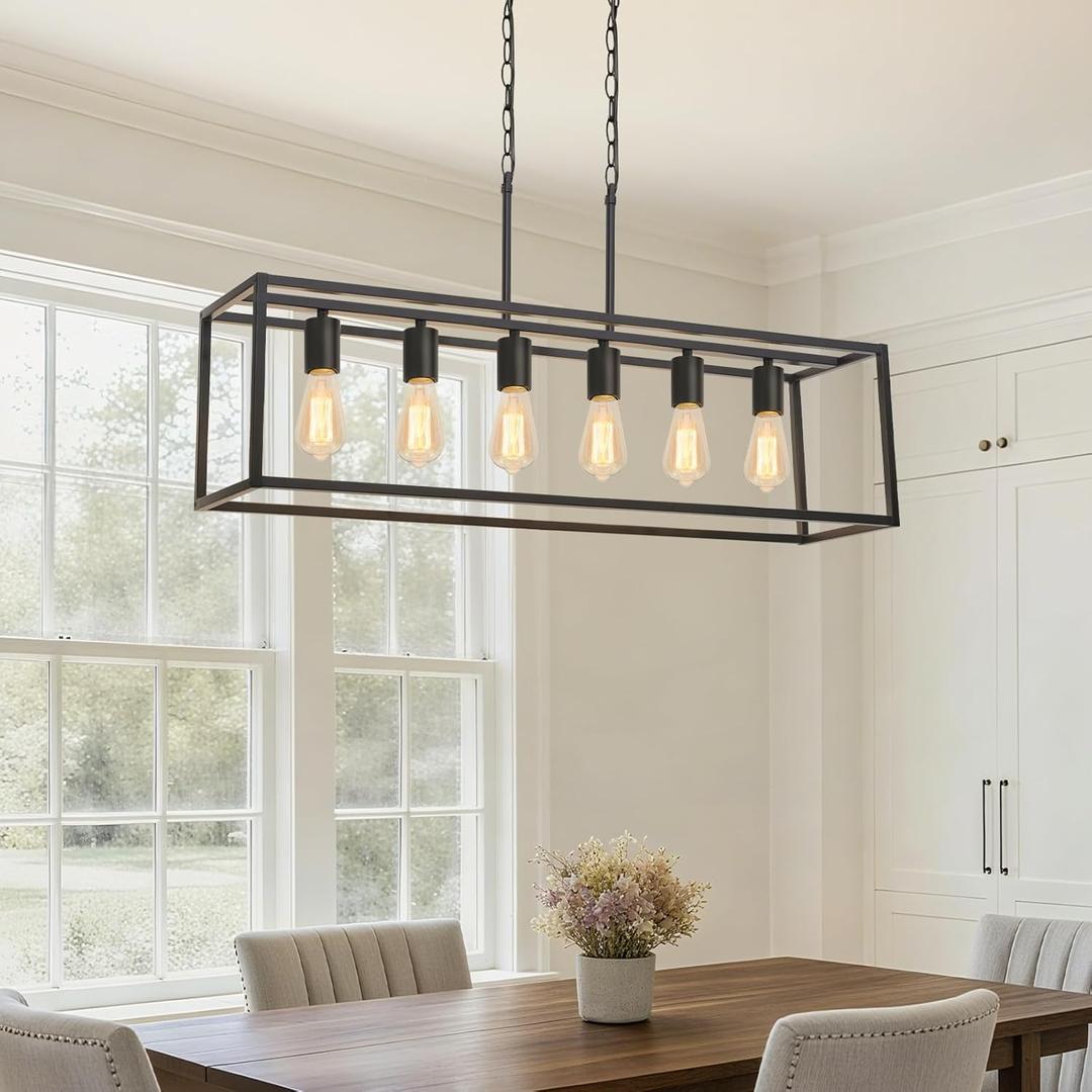 Boncoo 6 Light Black Chandeliers for Dining Room, Adjustable Height Linear Chandelier Kitchen Light Fixture, Modern Farmhouse Chandelier Rectangle Island Light for Kitchen Hanging Light Fixtures
