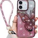 for iPhone 16 Plus Case Cute Bling Glitter Girly Butterfly, Luxury Electroplate Flowing Liquid Aesthetic Women Cover with Bling Wrist Strap Lanyard for iPhone 16 Plus (Pink)