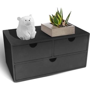 Charmewooden Bamboo Desk Organizer with 3 Drawers, Countertop Organizer with Drawers Makeup Storage Drawer 3 Drawer Tabletop Storage Organization Box Home Office WorkspaceBlack