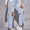 Floerns Women's Ripped High Waist Boyfriend Jeans Distressed Stretchy Denim Pants (Blue, S)