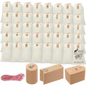 Clysee 40 Pcs 20 x 12 Inch Sublimation Blank Christmas Santa Sacks, Large Polyester Cotton Santa Christmas Drawstring Bags with 50 Tags Reusable Xmas Drawstring Gift Bag for DIY Holiday Presents