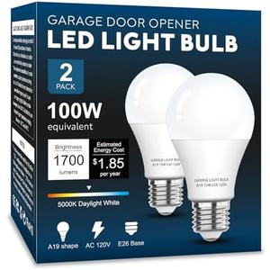 LOXYEE Garage Door Opener LED Light Bulb 2 Pack，15W Equivalent to 100W Garage Light Bulb,A19 5000K Daylight White E26 Base 120V Outdoor Light Bulbs,Minimize Interference,Dimmable