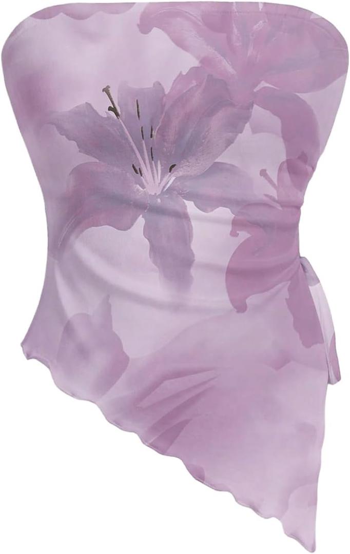 Milumia Women's Tie Dye Drawstring Side Tube Top Lettuce Asymmetrical Hem Bandeaus (Purple, L)