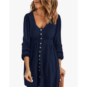 BTFBM Casual Fall Dresses for Women 2025 Long Sleeve Button Down Crew Neck Empire Waist A Line Mini Short HOCO Dress. Size XL
