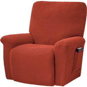 CONRUSER Stretch Recliner Chair Covers, 4-Piece Soft Sofa Cover Thick Single Seat Couch Cover Jacquard Recliner Slipcover with Pocket (Redbrown)