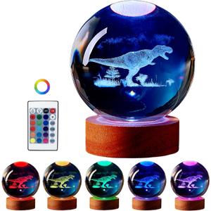 Dinosaur Crystal Ball Lamp, 3D K9 T-Rex, 3.15in USB Powered, 16 Colors Change, Remote Control, Night Light with Wooden Base, Gift Box