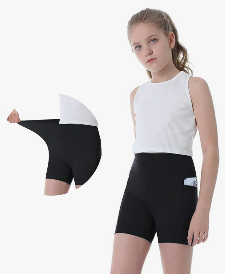 Girls Biker Shorts Kids Yoga Shorts High Waisted Spandex Athletic Running Volleyball Shorts with Pockets