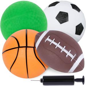 LovesTown 4-Pack Sports Balls, 5-Inch Soccer, Basketball, Playground Balls & 7 Inch Footballs for Toddlers with Pump Indoor Outdoor Toys Birthday Party Favors for Kids