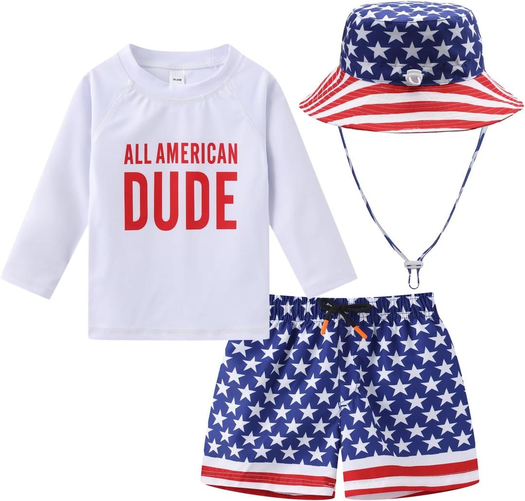 Toddlers Baby Boys' 3-Piece Swimsuit Trunk Rashguard Set and Sun Hat Swimwear Bathing Suit UPF 50+