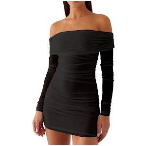Women's Elegant Off Shoulder Long Sleeve Ruched Bodycon Cocktail Party Mini Dresses Medium