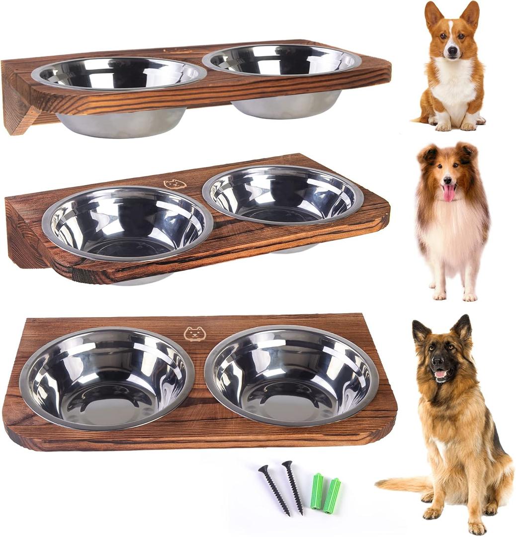 Elevated Dog Bowl Stand Mounted Elevated Pet Feeder Includes 2 Stainless Steel, Adjustable Dog Bowls for Medium-Large Dogs 44 Oz