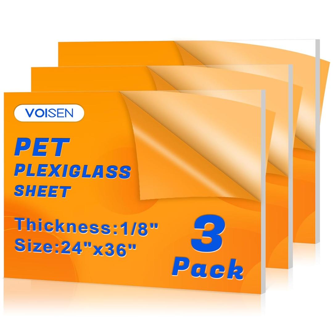 VOISEN 3 Pack Plexiglass Sheets 1/8 Inch Thick, 24"X36" Plexi Glass Panel,Plastic Sheet for Crafts,Signs, Display Cases, Sneeze Guard, Cut with Engraver,Power Saw or Hand Tools