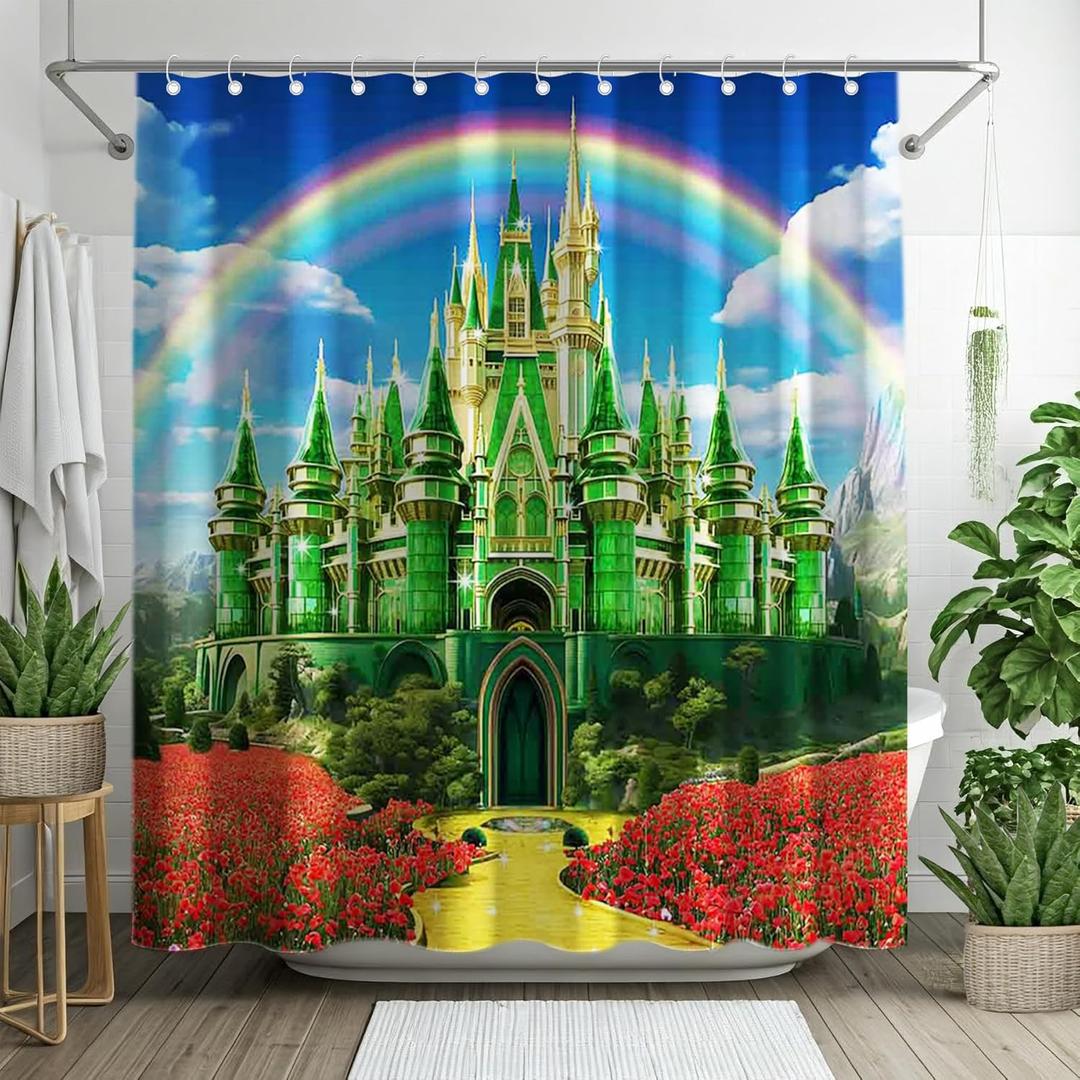 Yriujul Green Castle Shower Curtain for Bathroom Yellow Brick Road Rainbow Sky Wonderland Floral Home Decorations Sets with 12 Hooks Waterproof Polyester 72" x 72"
