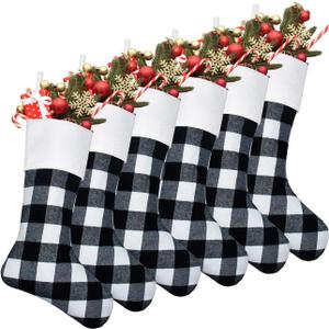 Senneny 6 Pack Christmas Stockings 18 Inch Black White Buffalo Plaid Christmas Stockings Fireplace Hanging Stockings for Family Christmas Decoration Holiday Season Party Decor