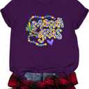 Mardi Gras Shirts for Women: Fat Tuesday Shirt Funny Mask Graphic Tee Carnival Short Sleeve Shirt New Orleans Party Top (Small, Purple-47)