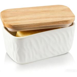 KOOV Porcelain Large Butter Dish with Lid, Airtight Butter Container with Oak Lid, Perfect for 2 Sticks, Texture Series (White)