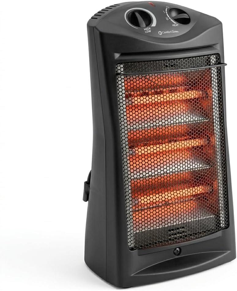 Comfort Zone Space Heaters for Indoor Use, Portable Electric Heater, Adjustable Thermostat, Infrared Heat, Quartz Tower Space Heater with 2 Heat Settings, Bedroom Heater, Black