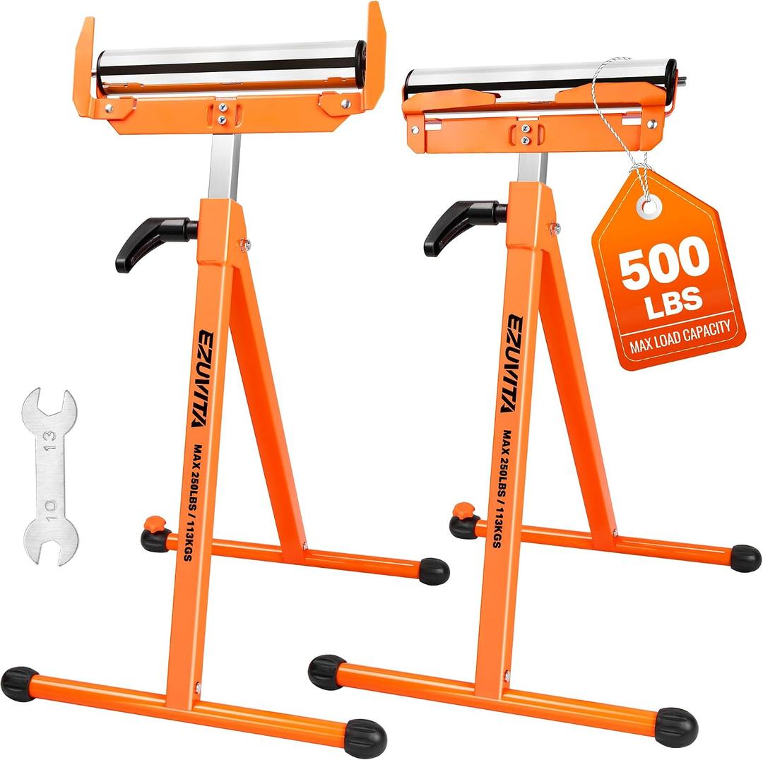 2-Pack Folding Roller Stands, 250 LBS Load Capacity Per Stand, 28–43.5" Adjustable Height, Stable Support for Table Saw Outfeed & Woodworking