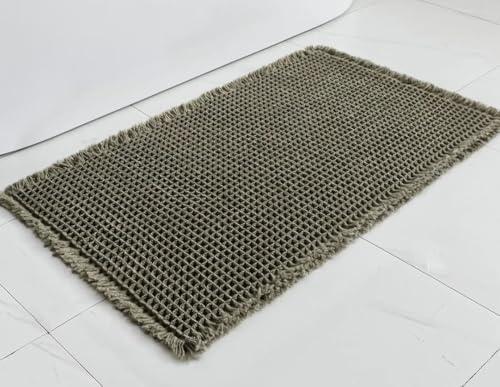 Waffle Bath Mat Non Slip, Super Absorbent Quick Dry Bath Rug, Soft Microfiber Rubber Backed, Machine Washable Low Profile Floor Mat for Shower, Tub, Sink, Boho Farmhouse, 5x2 feet (Dark Green)