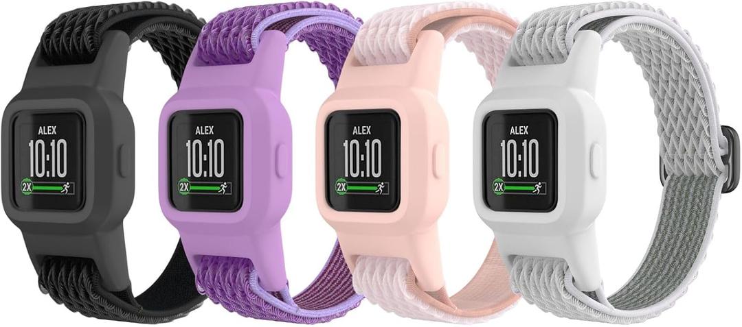 Elastic Bands Compatible with Garmin Vivofit Jr 3 - Colorful Nylon Stretchy Solo Loop Straps with Protective Case - Adjustable Replacement Bands for Girls and Boys (Black+Lavender+PinkSand+White)