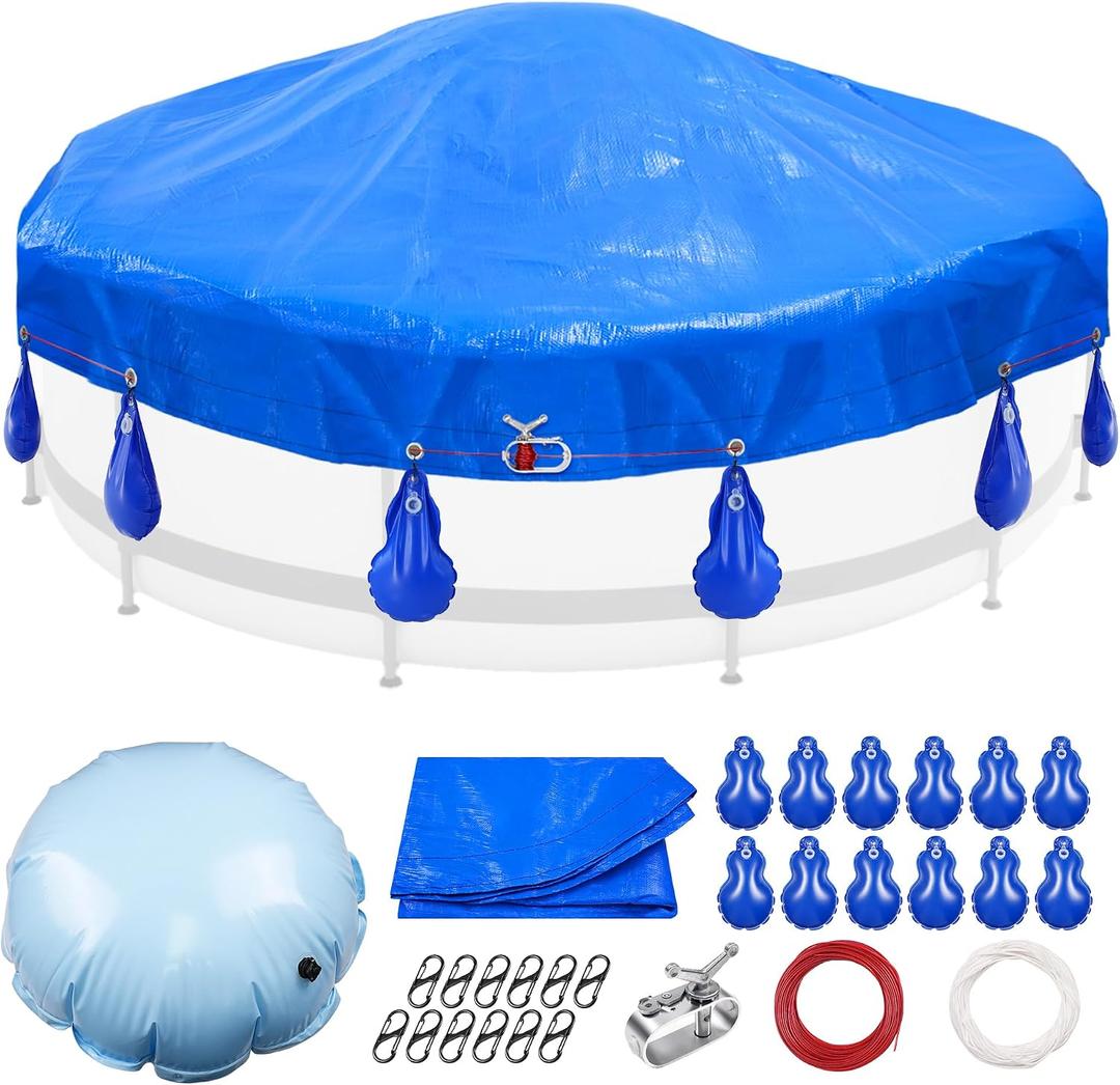 15'/18'/21'/24'Round Pool Cover for Above Ground Pools, Above Ground Pool Cover Kits with Pool Pillow, Pool Cover Weights, Wirerope & Rope Tensioner and Hooks, Pool Winter Cover Accessories