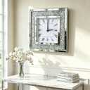 DMDFIRST Silver Square Mirror Clock 20x20inches Crystal Sparkle Twinkle Bling Crushed Diamond Mirrored Large Wall Clock for Wall Decoration Silver Glass Mirror Home Décor. AA Battery is not Included.