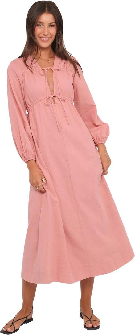 Petal & Pup Women's Riven-Long-Sleeve-Maxi-Dress-Pink (Medium)