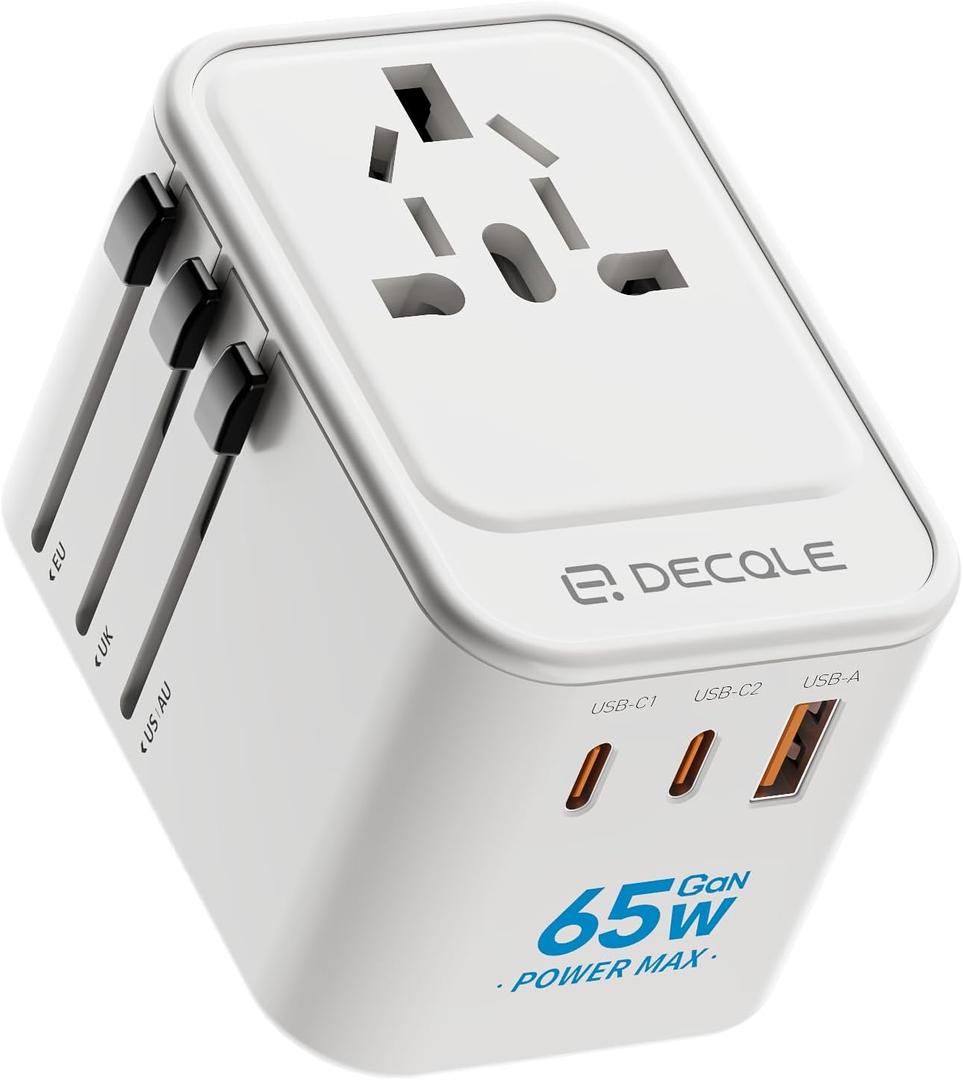 decqle Universal Travel Adapter, International Travel Plug Adapter with 2 USB-C(GaN 65W)  1 USB-A Ports, All in One Portable Adaptor, for USA, UK, EU, AU  224+ Countries (White) US