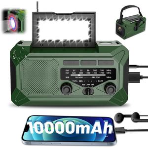 10000mAh Emergency Hand Crank Radio with LED Flashlight, AM/FM NOAA Portable Weather Alert Radio, Solar Powered Radio with Phone Charger, USB Charged, Headphone Jack, SOS Alarm, Compass for Outdoors (green)