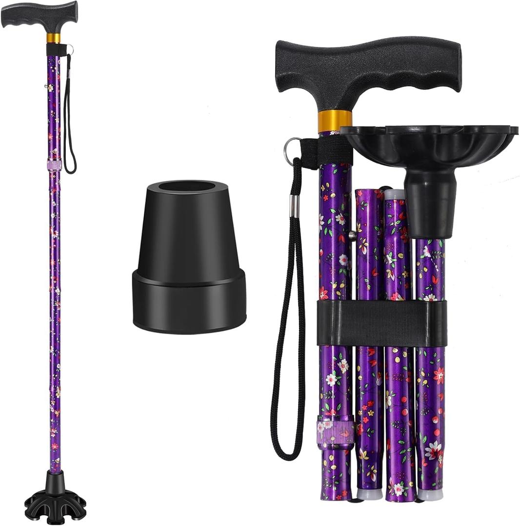 Walking Cane ATMTV Cane for Woman | Mobility & Daily Living Aids | 5-Level Height Adjustable Walking Stick | Comfortable Plastic T-Handle Portable Folding Cane with Replace Tip Purple Flower