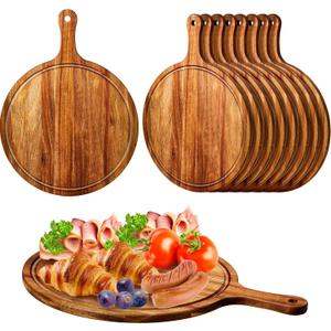 Nuenen 10 Pcs Round Wood Cutting Board with Handle Acacia Wooden Serving Kitchen Chopping Boards for Pizza, Bread, Cheese, Charcuterie, Fruit, Vegetables(Acacia)