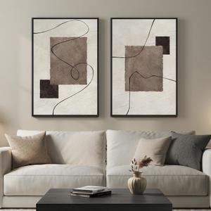 Framed Neutral Abstract Wall Art for Living Room, Set of 2 Geometric Line Beige Brown Canvas Artwork for Walls, Large Minimalist Modern Painting Print for Hallway Bedroom Office Wall Decor, 24x36 Inch