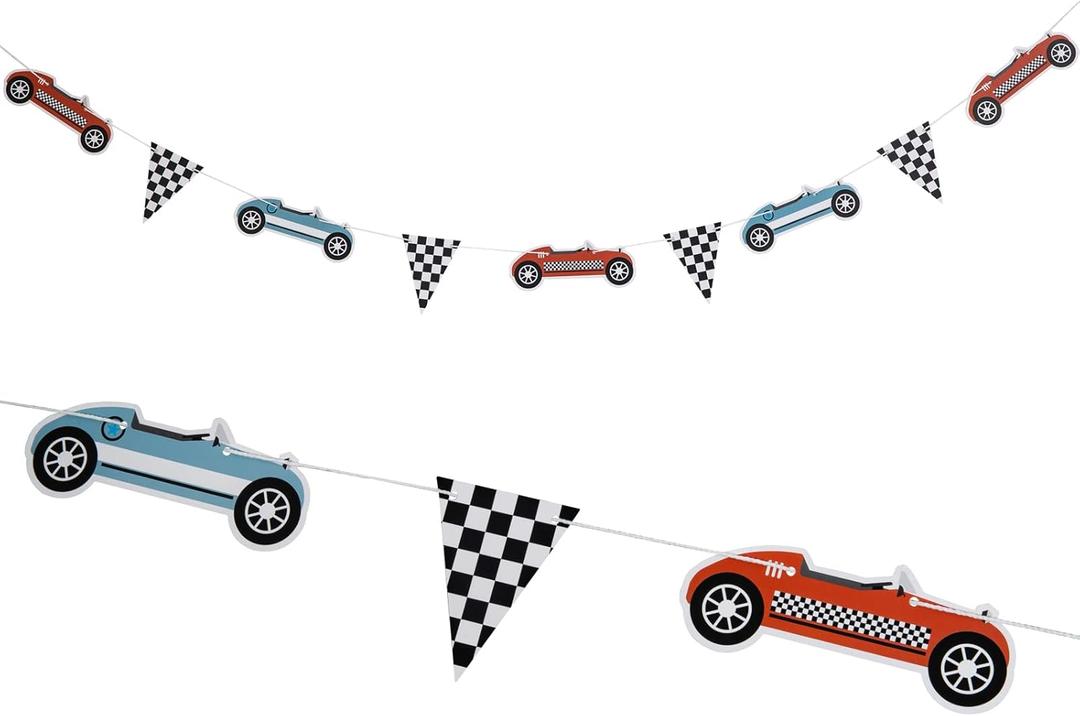 Retro Race Car Themed Birthday Banner,Race Car Party Decoration, Fast One Party Decoration for Boys,Two Fast,Boy Birthday Party Decorations,Checkered Banner