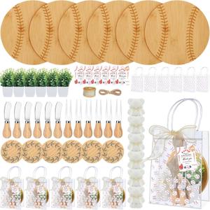 Honeydak 49 Pcs Baseball Baby Shower Prizes for Game Players 6 Sets Cheese Board Fork Knives Coasters Towel Potted Plant Thanks Card Gift Bag for a Little Slugger is on the Way Baby Shower Favors