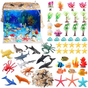 Teyva Daily 60 Pcs Ocean Diorama Kit Habitat Project Box Set Ocean Diorama Supplies Include Sea Animal Figures Artificial Coral Artificial Trees Sea Grass with Cardboard for DIY Craft Gifts