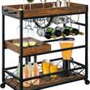 Bar Cart for The Home, 3 Tire Industrial Rolling Serving Cart on Lockable Wheels, Alcoholic Beverage Trolley with 2 Removable Trays, Wine Rack and Glass Holder for Indoor, Outdoor