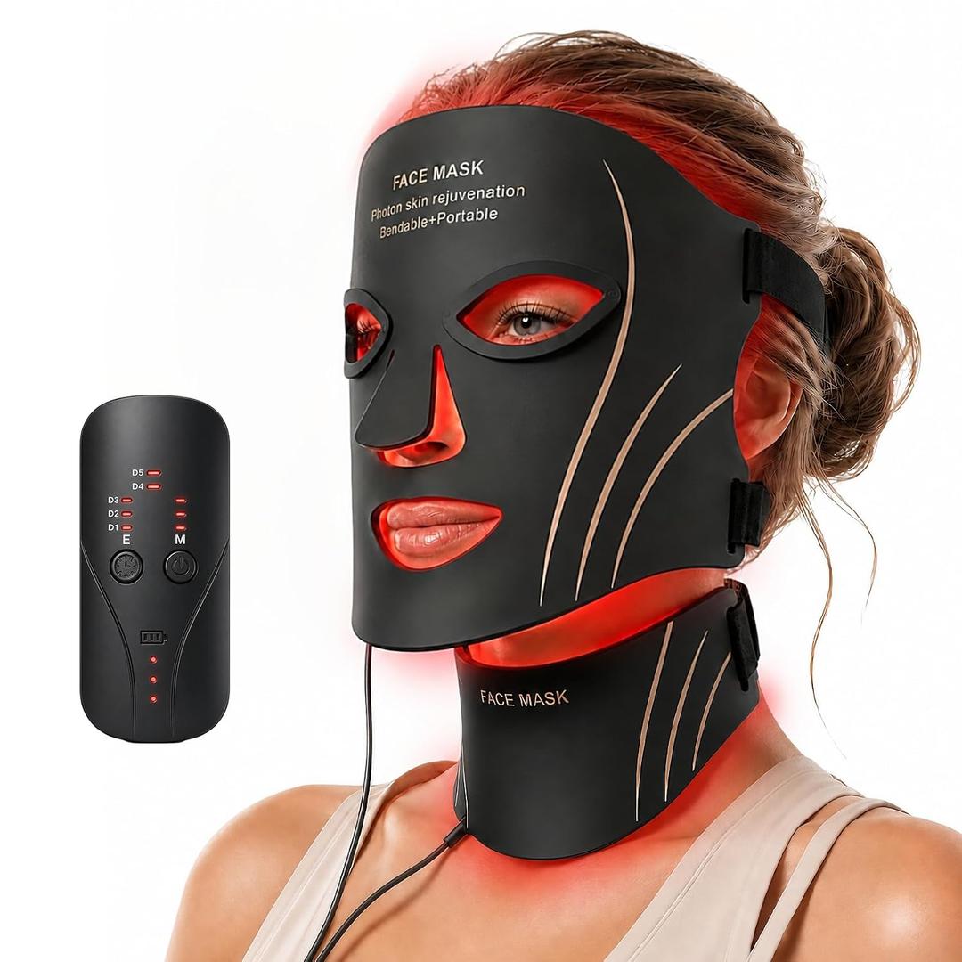 Red Light Therapy Mask for Face & Neck Skin Care, 7-Color Infrared Facial Mask with 309 LED Chips, 5 Brightness, Rechargeable Controller for Anti-Aging, Skin Firming & Radiant Glow at Home (Black)