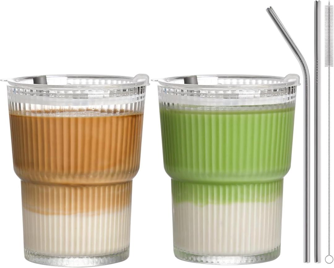 13oz Iced Coffee Cups,2Pcs Glass Cups with Lids and Straws Drinking Glasses,Clear Ribbed Glassware,Reusable Tumbler Glass to Go Cup for Matcha, Iced Tea,Juice