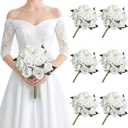 Set of 6 Pre-Made Artificial Rose Bouquets for Wedding, Velvet Silk Rose Bouquets for Bridesmaids, Fake Realistic Rose for Mohter's Day Valentine's Day Proposal Party Home Decor (White)