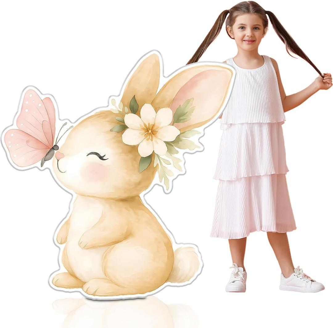 47 x 44 Inches Easter Rabbit Cardboard Cutout Spring Baby Shower Bunny Butterfly Yard Sign with Stakes for Easter Baby Shower Birthday Party Decor Outdoor Lawn Photo Prop