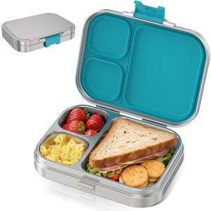Stainless Steel Bento Lunch Box Kids, 3 Compartments Metal Bento Box Container for Kids Adults, Leak-Proof Lunch Box for Office, Dishwasher Safe, BPA-Free, Blue