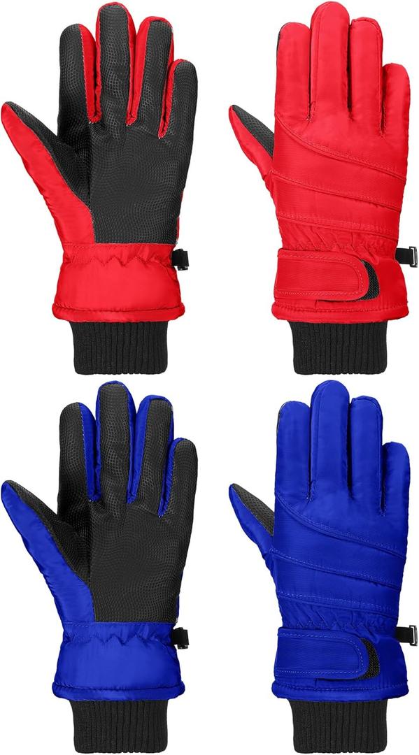 SATINIOR 2 Pairs Kids Waterproof Winter Snow Gloves Ski Gloves for Boy Girl Outdoor Warm Thickening Snowboar (8-12 Years, Royal Blue, Red)