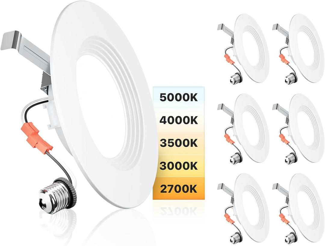 Ensenior 6 Inch LED Recessed Can Lights, 5CCT, 9W, 1000LM, 6 Pack Retrofit Baffle Trim, 5%-100% Dimmable, 2700K-5000K Selectable CCT, Damp&IC Rated, ETL&FCC Certified, Quick E26 Install