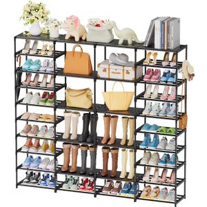 Metal Shoe Rack Organizer for 56-64 Pairs, 4 Row 10-Tier Large Capacity Shoe Storage Shelf for Entryway, Closet, Bedroom, Black