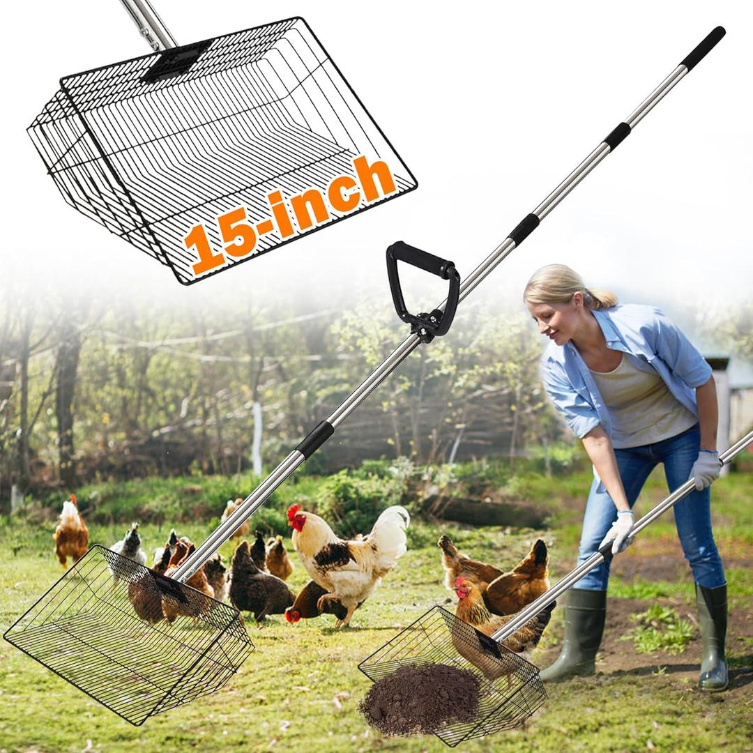 Extra Large Chicken Poop Scooper  15'' Wide Stainless Steel Litter Cleaner, 5-in-1 Adjustable Handle (37-77 Inch), for Chicken Coops, Poultry Barns, Durable Farm & Outdoor Tool